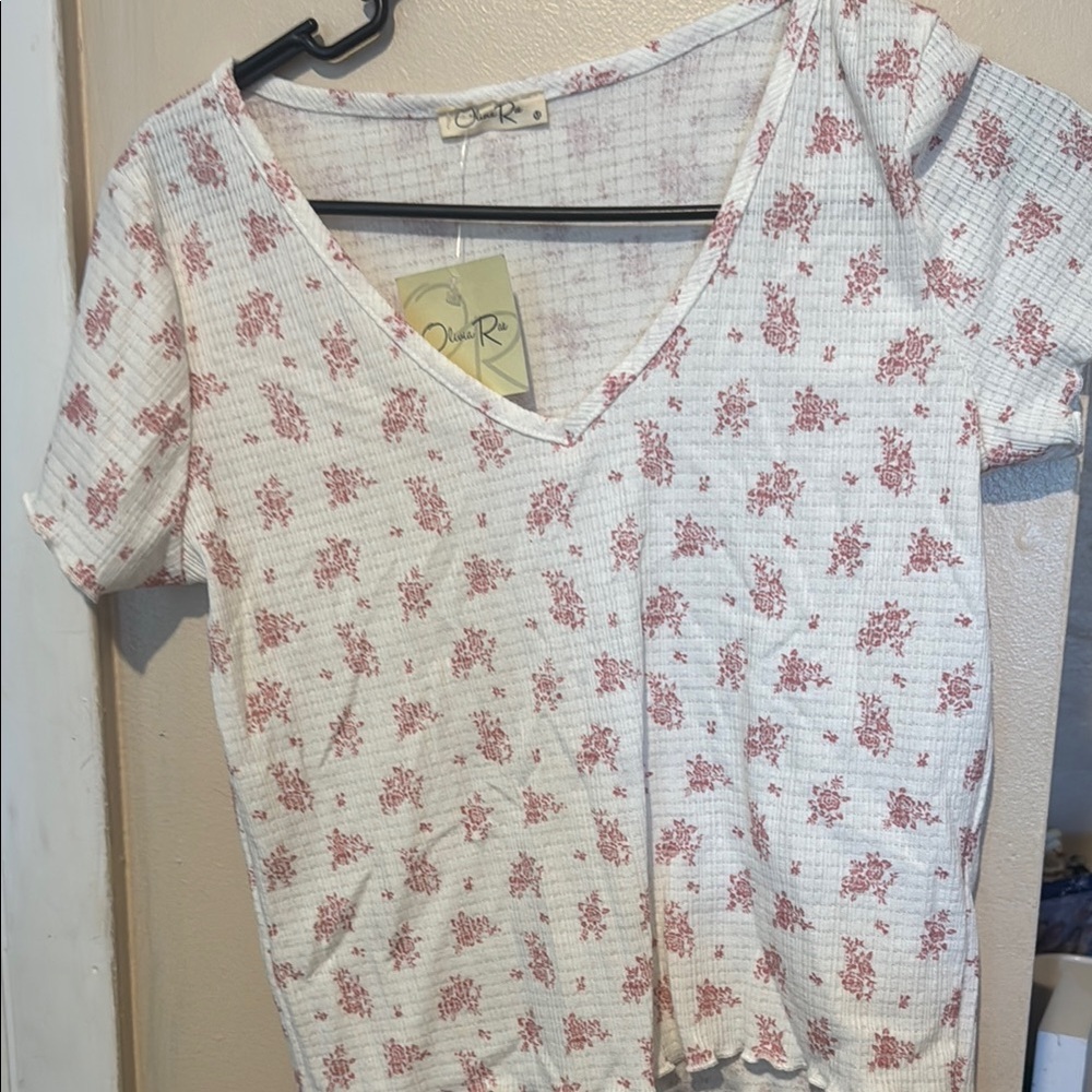 Women's White and Pink Floral Top